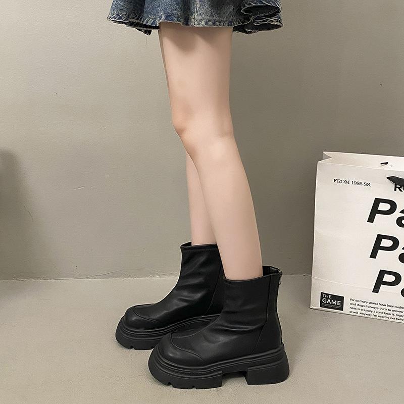 Thick-soled Cigarette Boots Chelsea Martin Boots Coarse Heel Stretch Boots Skinny Boots Fleece Black Women's Short Boots