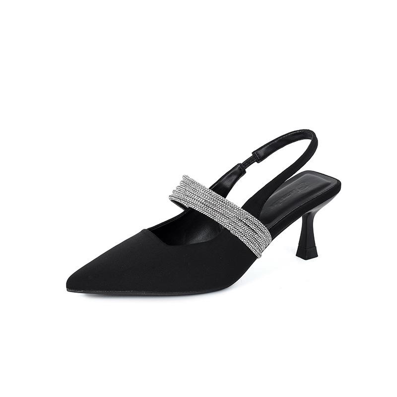 Sommer neue High Heels Damenmode dünner Absatz vielseitig flacher Ausschnitt spitz zulaufend Riemchen hinten Strass Taschenkopf Sandalen sind nicht ermüdend