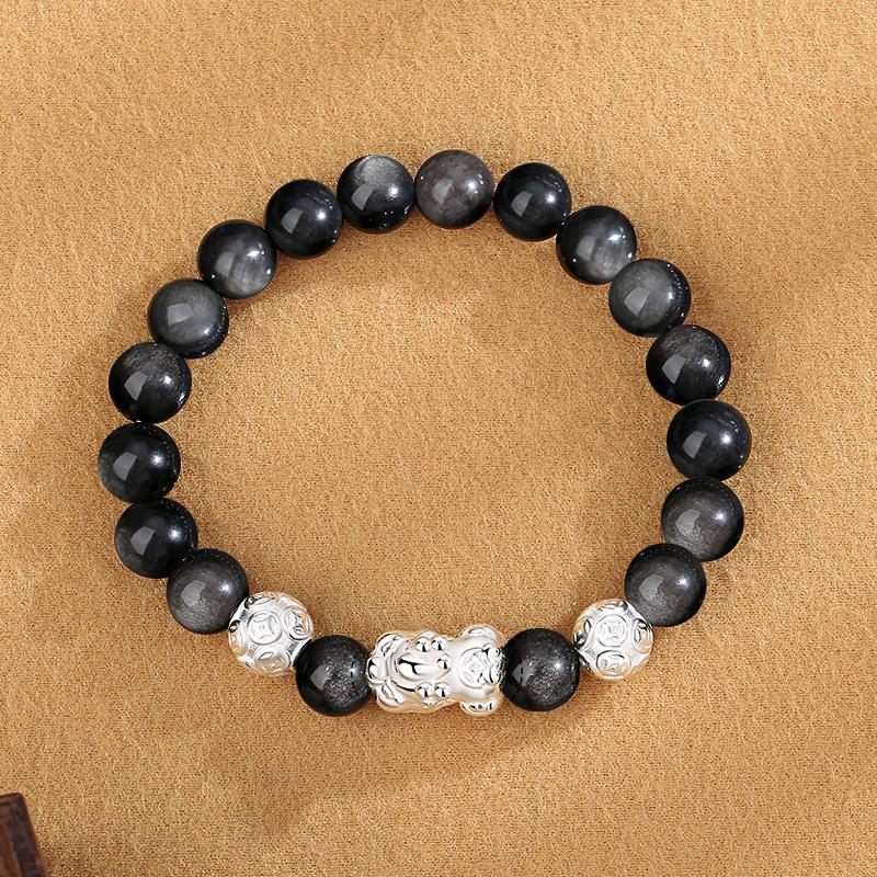 Tichiya 999 Sterling Silver Pixiu & Black Obsidian Bracelet for Men - Trendy, High-End Hand Jewelry