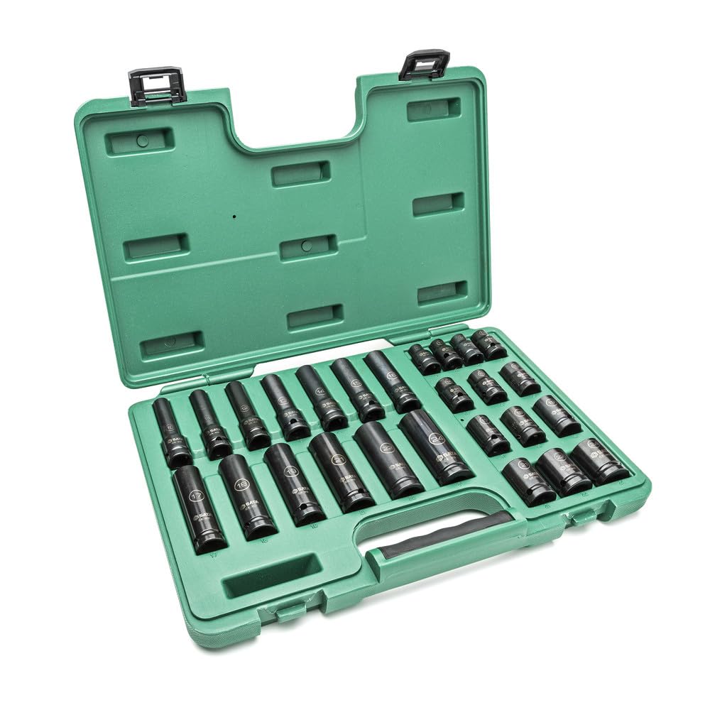 SATA ST34399T Drive Standard and Deep Impact Socket Metric Chrome Molybdenum Body 26-Piece 1/2-Inch Thin-Wall Set, Size,