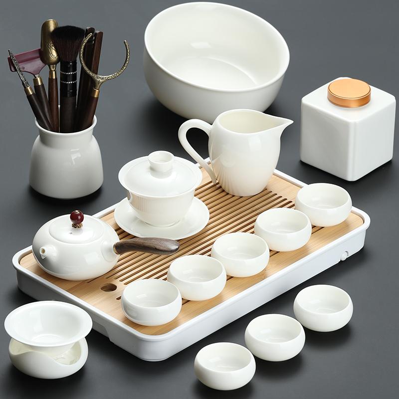 Goat Jade White Porcelain Kung Fu Tea Set Home Brewing Teapot Covered Bowl Chinese Light Luxury Brewing Tea Cup Office Guests