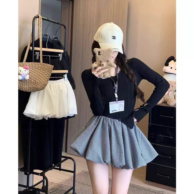 Korean Style Women's 2025 Summer High-Waist Slimming Midi Puff Skirt with Anti-Exposure Shorts