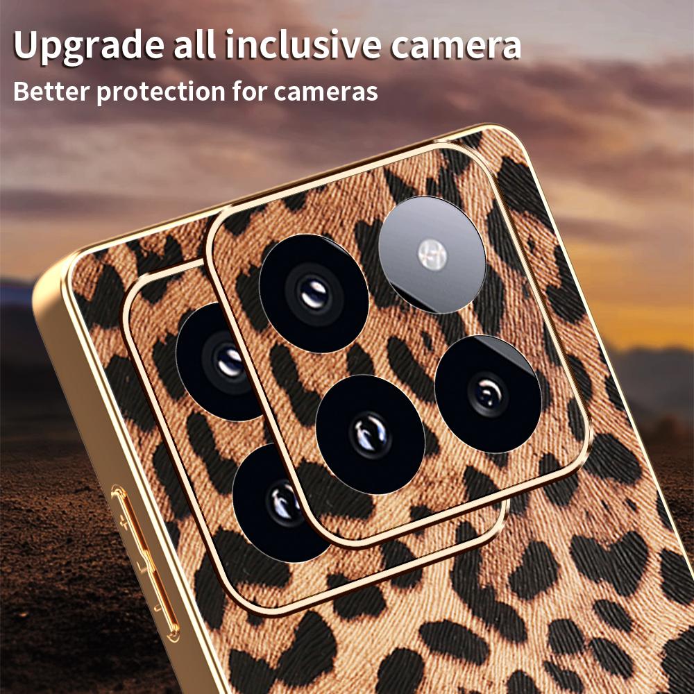 For Xiaomi 14 Pro Case Leopard Print PU Leather Coated PC+TPU Electroplating Phone Cover