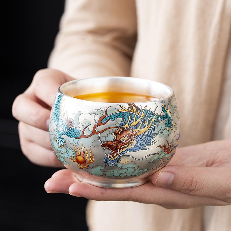 Silver Teacup 999 ******Lver Blue Dragon And Phoenix Chengxiang Master Cup Pair Cup Female Tea Cup Single Teacup Personal Cup Gift Box