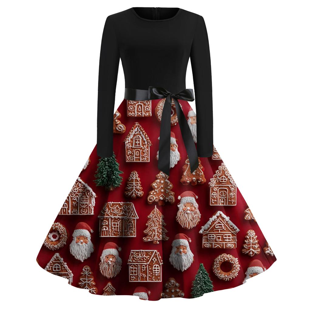 Women's Fashion Casual Round Neck Christmas Print Long Sleeve Dress