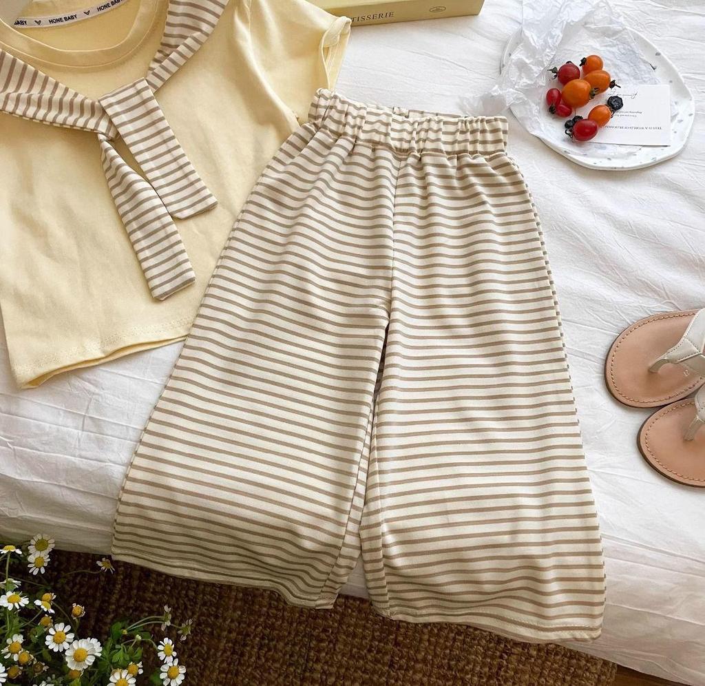 Mädchen Dopamin Gestreifter Schal & Weitbein Hose Set - Sommer 2025 Kollektion