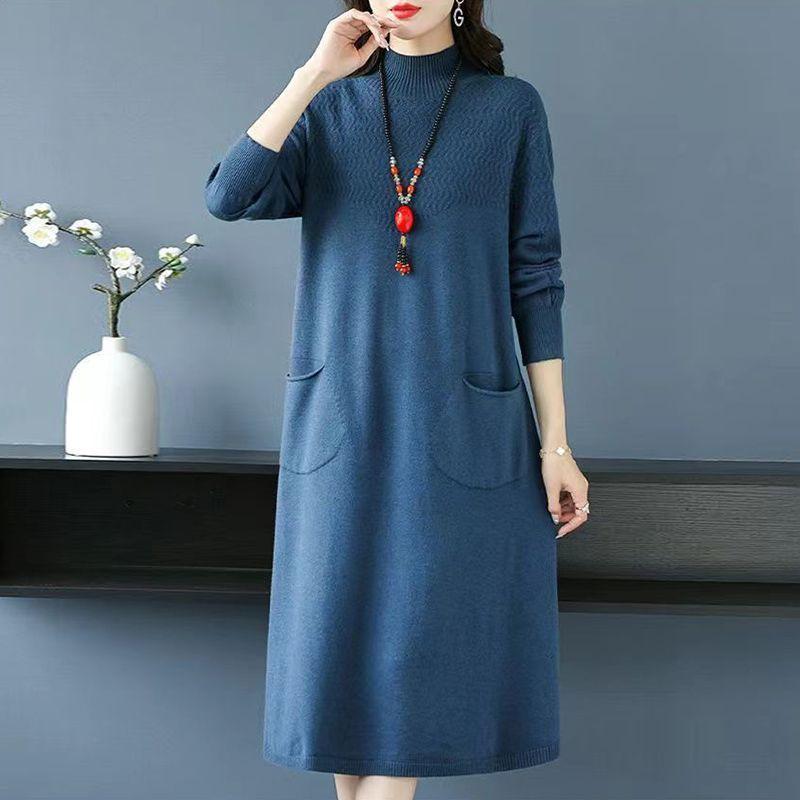 Solid Color Half Turtleneck Mid-length Knitted Dress for Women Long-sleeved Pullover Warm Winter Women's Sweater Dress