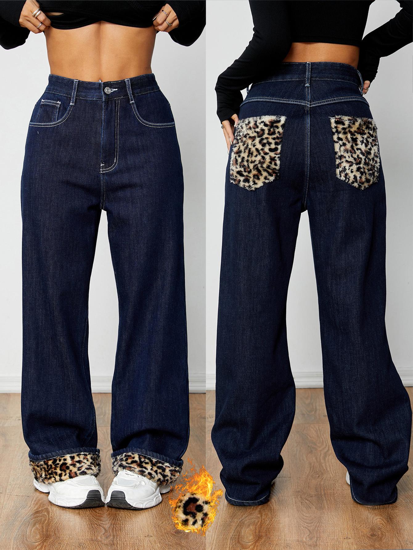Women s Retro Dark Blue Leopard Print Plush Lined Denim Pants - Autumn/Winter Thick Long Pants L