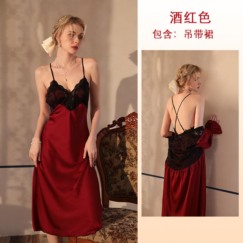 Multi-Style Pure Desire Lace Nightgown V Mesh Patchwork Satin Skin-Friendly Cami Loungewear Versatile Seductive Sleepwear with Diverse Style Options