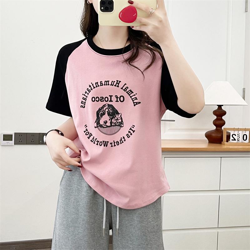 

2026 Summer Color Block Patchwork Short Sleeve Round Neck Plus Size Slimming Cotton T-shirt 4XL розовый