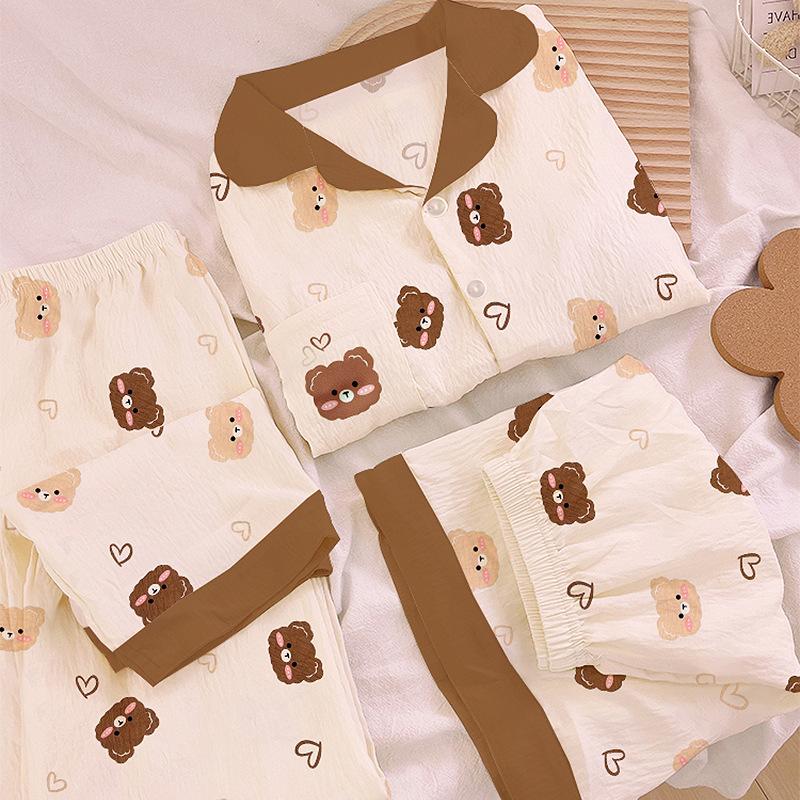 Cartoon Bear Mori Cloud Cotton Pajamas Women'S Summer Sweet Loungewear Short-Sleeved Three-Piece Set
