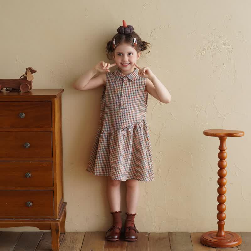 Girl's Summer Linen Plaid Sleeveless Dress