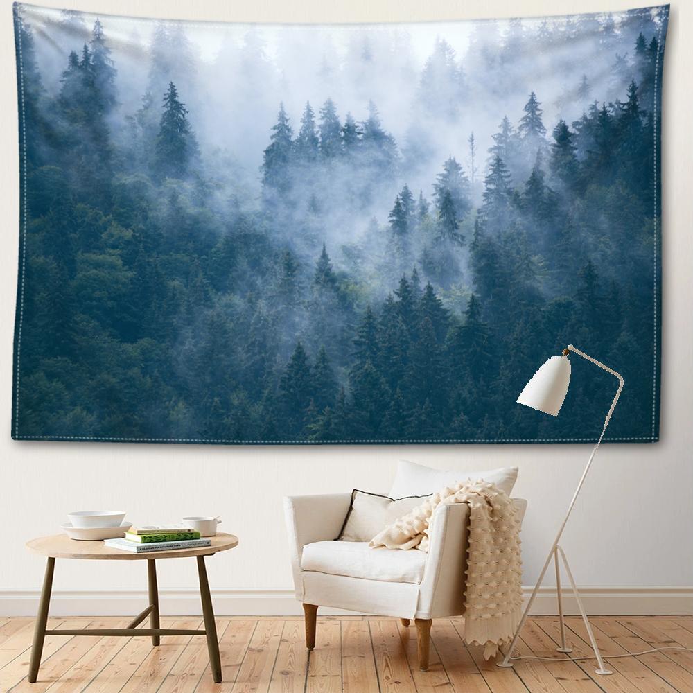 Tapiserie Misty Forest Závěs na stěnu Přírodní a minimalistická scenérie Bohémské umění Moderní styl Home Decor