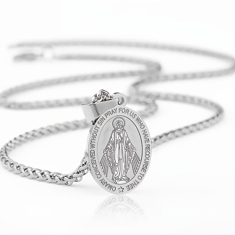[Virgin Mary Necklace] Stainless Steel Virgin Mary Necklace with Cross Miracle Medal - 1pc Fashion Religious Gift Pendant, Unisex All-Season Accessory