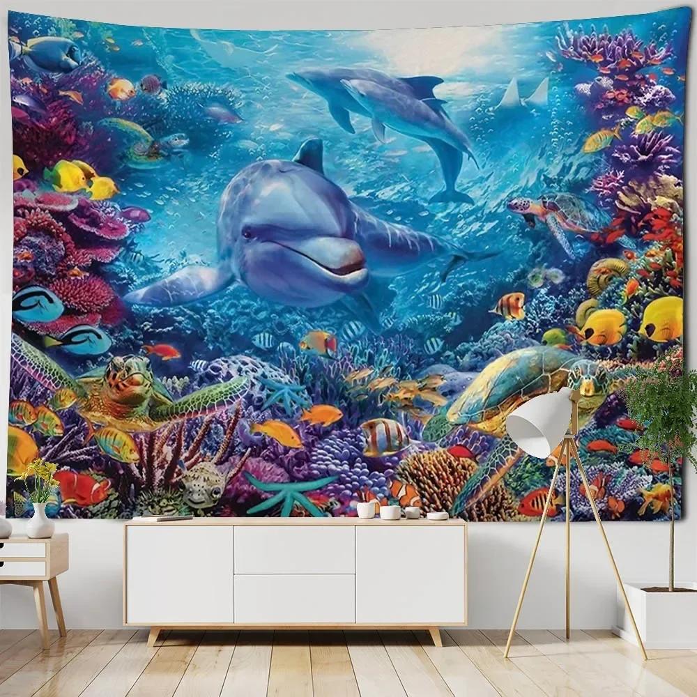 Underwater World Tapestry Wall Hanging Dolphin Shark Seaweed Art Print Tapestry Cartoon Home Sheets Bedroom Wall Decoration