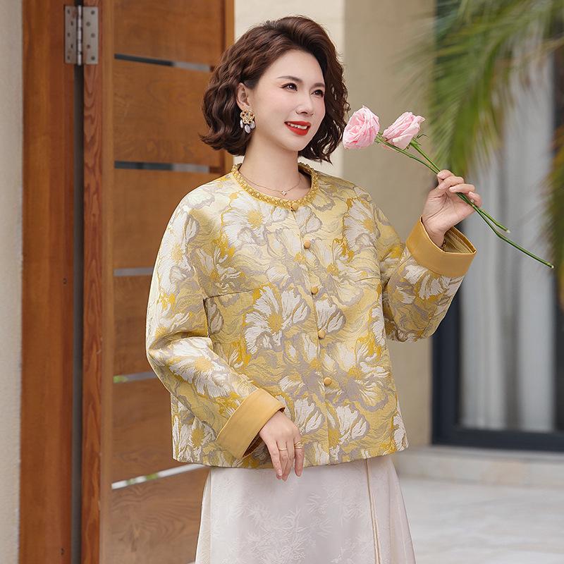 

2026 New Chinese Style Jacquard Jacket: Elegant Round Neck for Spring/Autumn - Perfect for Middle-Aged and Elderly Women. 5XL (150-160 lbs)