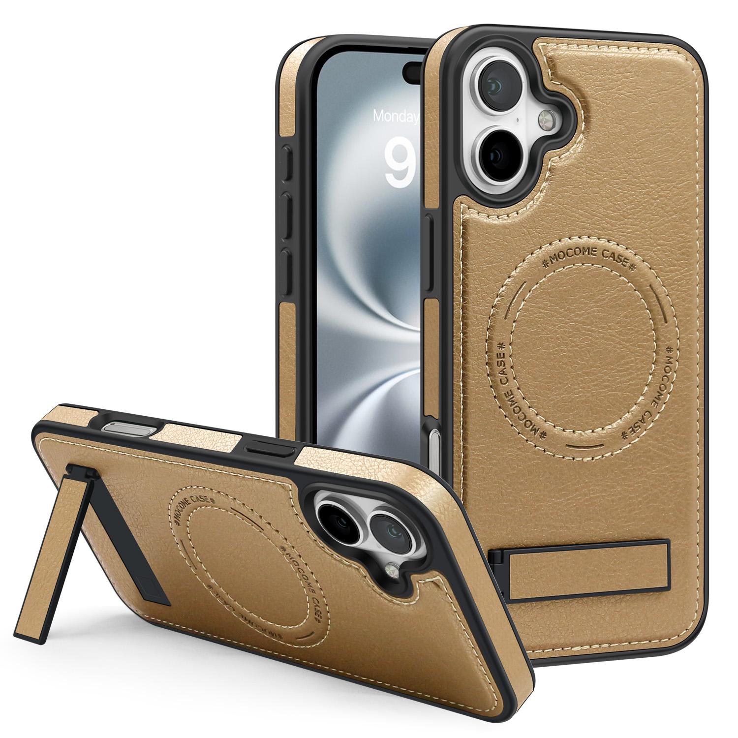 

For iPhone 16 Plus Case Compatible with MagSafe Kickstand Leather Phone Back Cover Desert Gold
