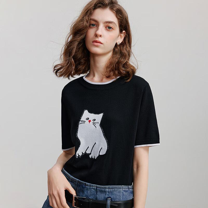 Chuyu Women's Color-Block Cat Jacquard Knit Top