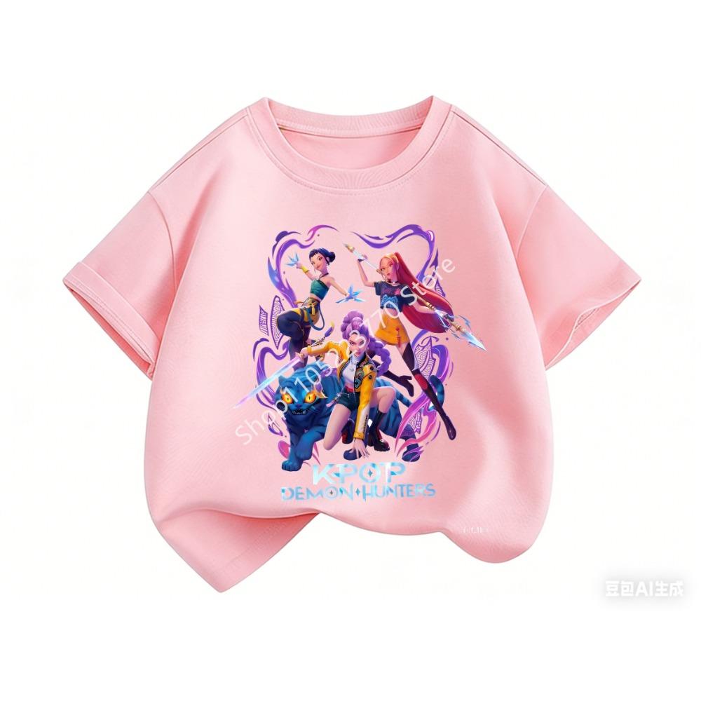 

2026 Fun Huntrix Kpop Demon Hunters T-Shirt for Boys Girls Fans Gift Summer Crew Neck Short Sleeve Tees Fashion Kids T-shirt 100