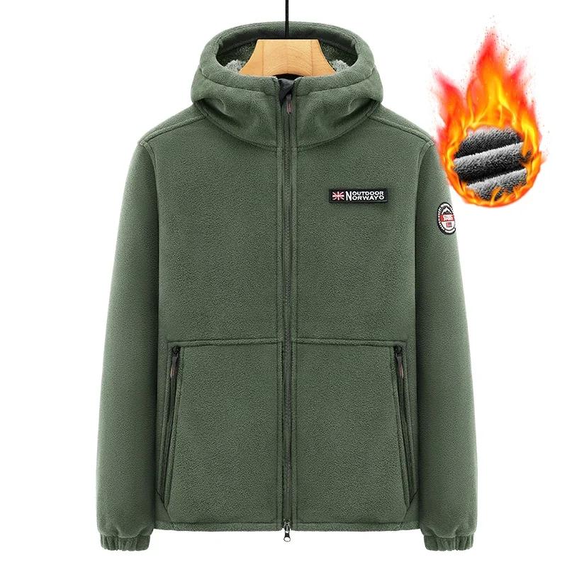 2025 Winter Warm Men's Fleece Jacket Hooded Pockets Solid Color Casual Norway Polar Jacket Cold-Proof Overcoat Plus Size Outwear