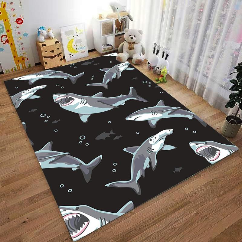 Teppich mit Haifischmuster und Meeresmotiv auf schwarzem Hintergrund, geeignet als rutschfester Überzug für Wohnzimmer, Schlafzimmer, Sofas