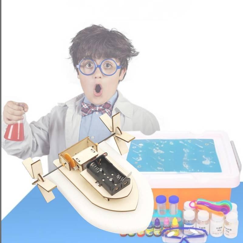 Children's Diy Wooden Science Kit For Building Technology Handmade Steamboat With Light Wheel