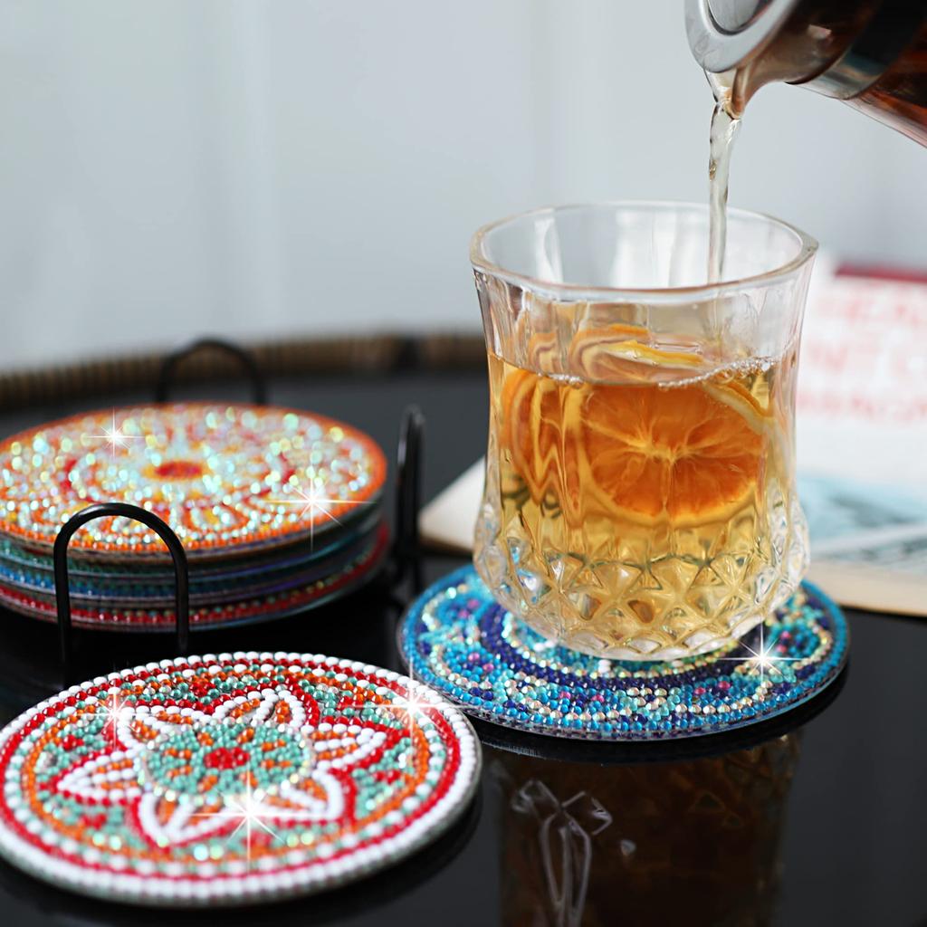 TEMLUM Diamond Art Coaster Kit, Diamond Bead Painting Kit, DIY Handmade 5D Mosaic Art Diamond Painting, 6-Piece Set, Beginner Decorative Gift