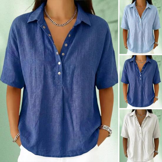 Women Shirt Lapel Buttons Half Placket Short Sleeve Shirt Tops Pure Color Loose Fit Casual Blouse Vacation Date Casual Wear