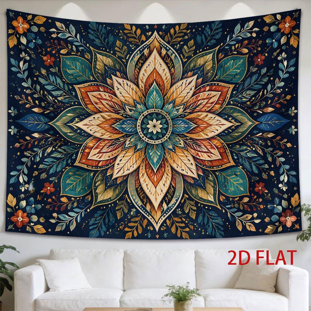 2D Flat - 2D Flat - 1pc 2D Flat Tapestry Symmetrical Mandala Floral Pattern Tapestry with Rich Colors And Intricate Leaf Designs, Perfect for Adding A