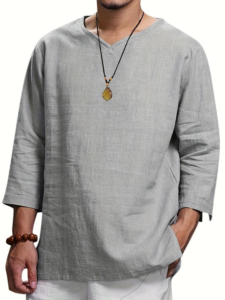Men's Spring 2026 V-Neck Long Sleeve Linen-Cotton Casual Shirt