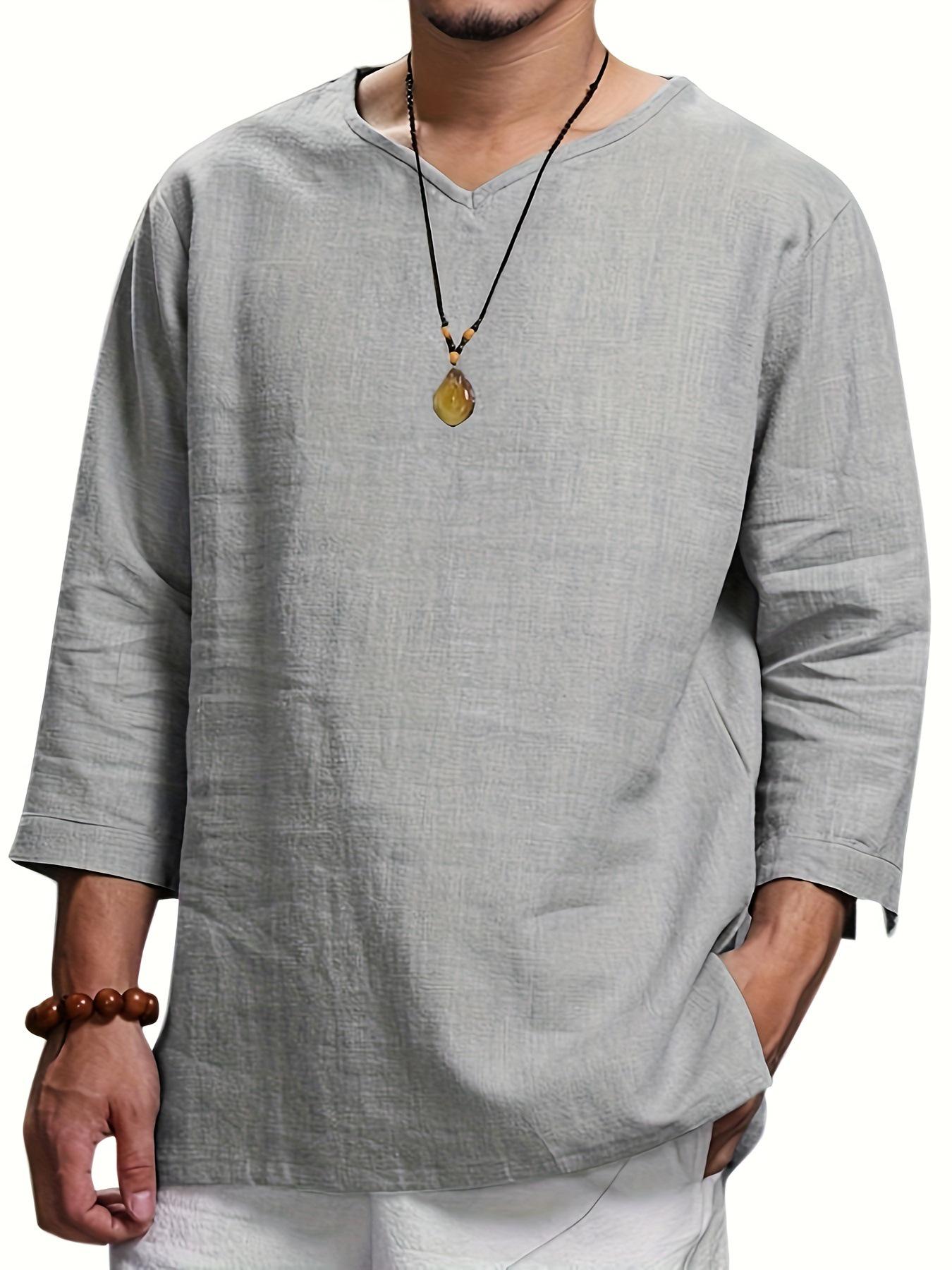 Men s Spring 2026 V-Neck Long Sleeve Linen-Cotton Casual Shirt M серый