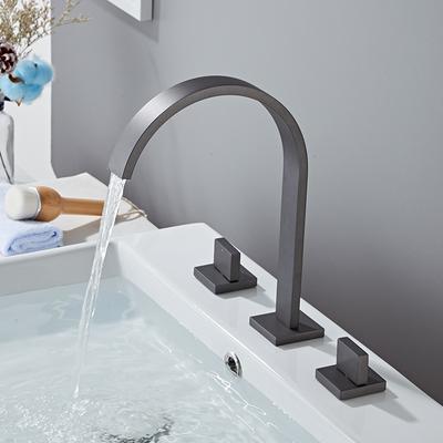 Basin Faucet Gun Grey Sink Tap Gold Square Brass Faucet Bathroom Sink Faucet 3 Hole Double Handle Hot And Cold Water Tap