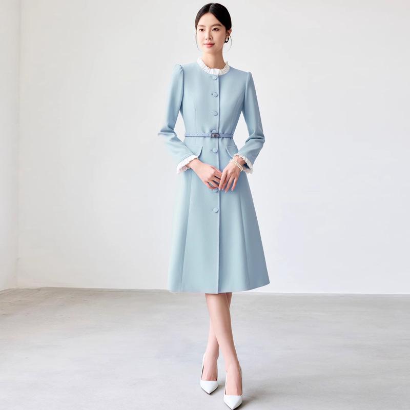 Blue Mid-Length Ruffle Edge Color Block Collar Professional Women's Dress
