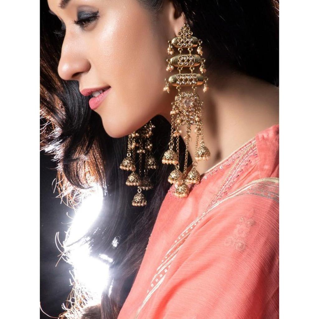 Long Jhumka Earrings with Pearl Beads & Ear Chain Traditional Wedding Festive Jewellery for Women & Girls