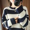 Round Neck Thick Sweater Women's Autumn and Winter Striped Sweater Hollow Loose Knit Sweater