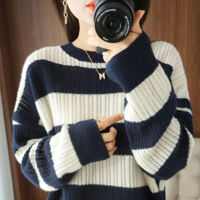 Round Neck Thick Sweater Women's Autumn and Winter Striped Sweater Hollow Loose Knit Sweater