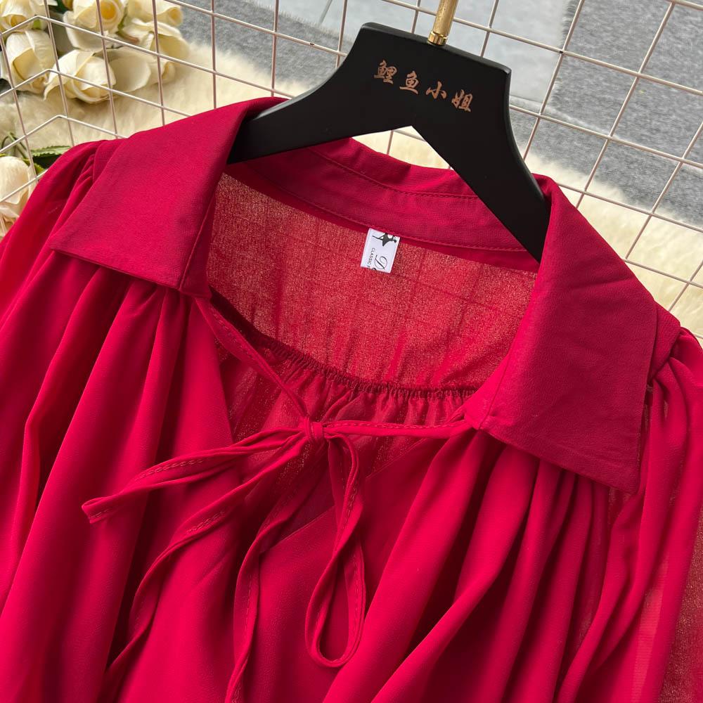 Francouzské šik Maxi šaty pro ženy Sklopný límec Lucerna Rukáv Šněrovací Dámské letní šaty Dámské Vestidos Dropship