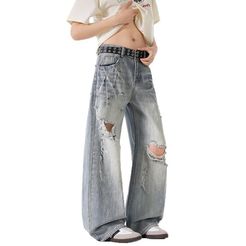 Mens Loose Straight Leg Jeans Fashion Ripped Denim Pants Casual Streetwear Teens