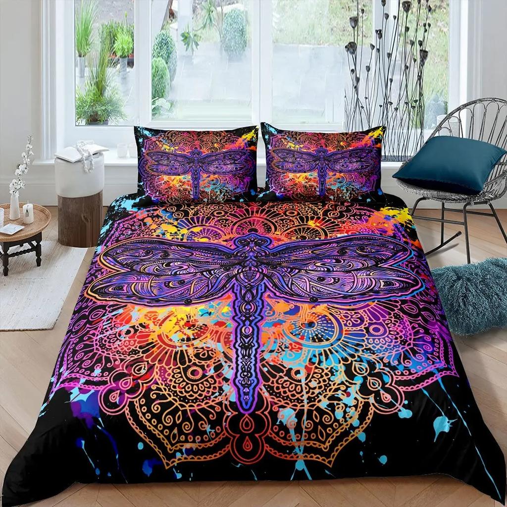 Böhmische Libelle Bettbezug-Set King Size Mandala Paisley Bettwäsche-Set Lila Batik Irisierend Hippie Polyester Steppdeckenbezug
