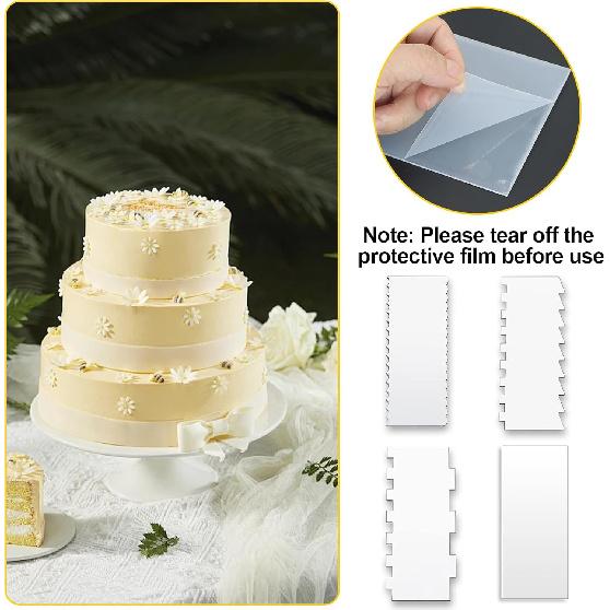 Cake Scraper, 4PCS Clear Acrylic Icing Smoother Stripes Cake Decorating Comb, Edge Smoother Tool for Mousse Butter Cream Decoration, DIY Kitchen