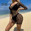 Women Summer Beach Cover Up Hollow Out Long Sleeves Slim Fit Low Cut V Neck Backless See Through Bikini Beach Mini Dress Beach Mock