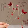 Haarnadel mit roter Blume und Quaste im chinesischen Stil für Damen