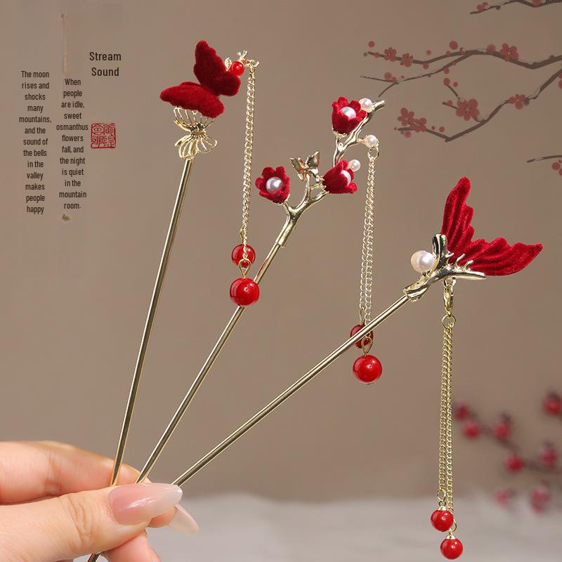 Haarnadel mit roter Blume und Quaste im chinesischen Stil für Damen