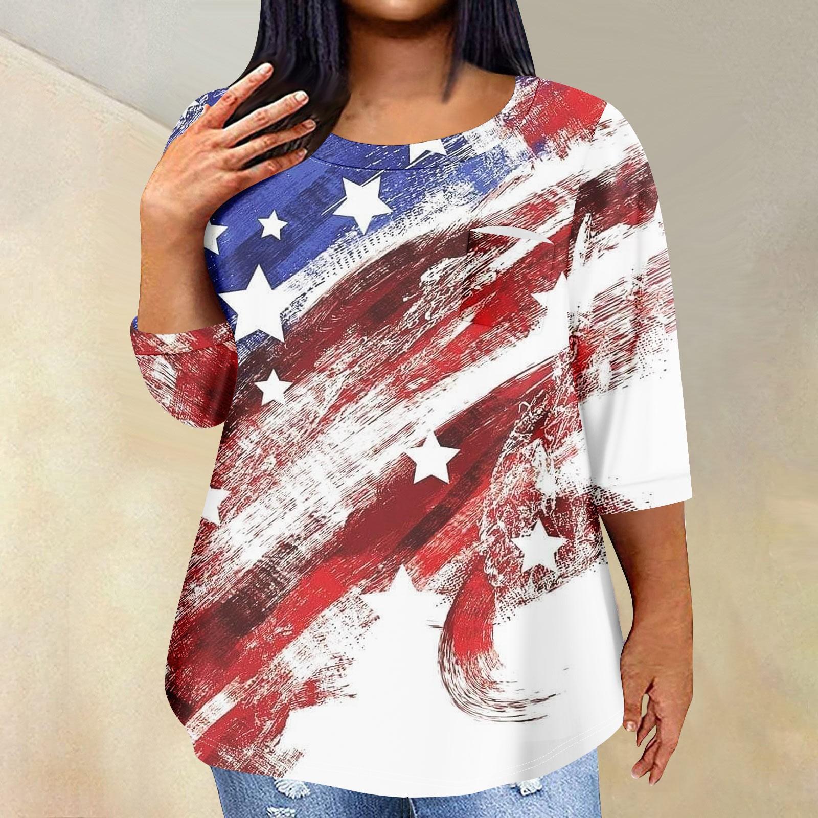 

Женская модная повседневная футболка с рукавом три четверти и принтом в честь Дня независимости и круглым вырезом, карманная футболка, топ XXL винный