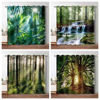 Tropischer Wald, natürliche Landschaft, Dschungel, Verdunkelungsvorhang, grüne Bäume, tiefer Wald, Schlafzimmer, Wasserfall, links und rechts, zweiteilig offen