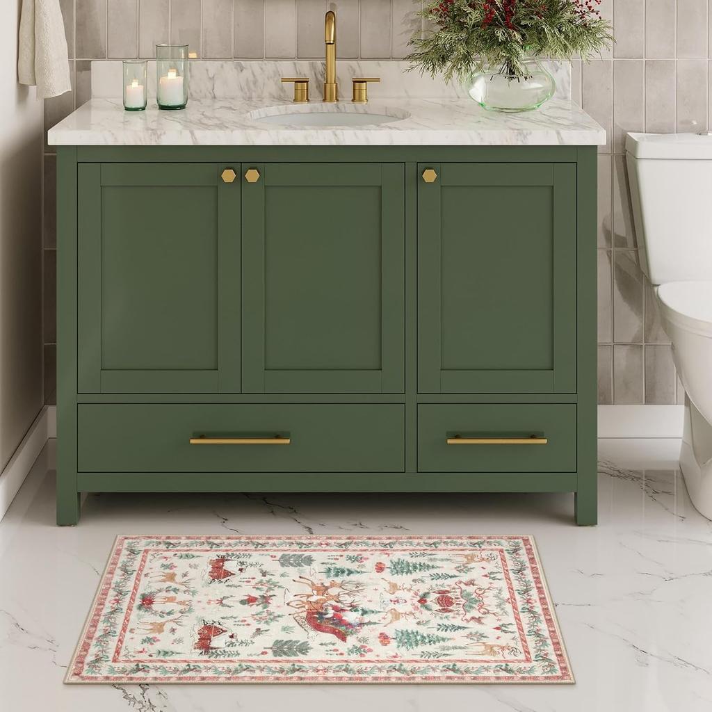 Vintage Interior Christmas Carpet Kitchen Bathroom Carpet Entrance Non-Slip Mat Winter Living Room Bedroom Holiday Decor