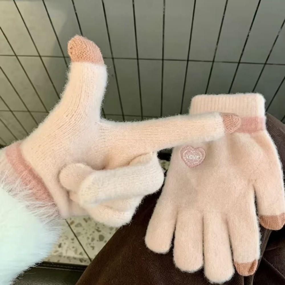 Candy Color Winter Warm Gloves Heart Embroidery Fuzzy Cold Proof Gloves  For Women