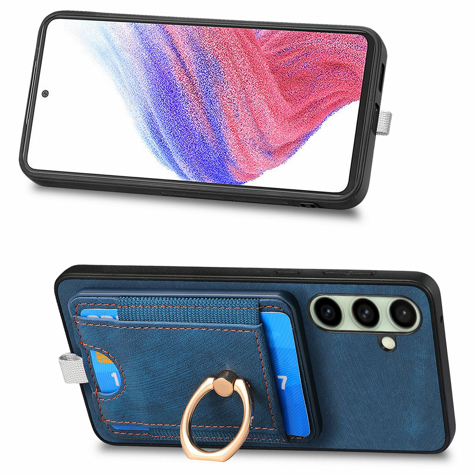 

For Samsung Galaxy S24 FE Magnetic Case Card Holder Ring Kickstand PU Leather Phone Back Cover Blue
