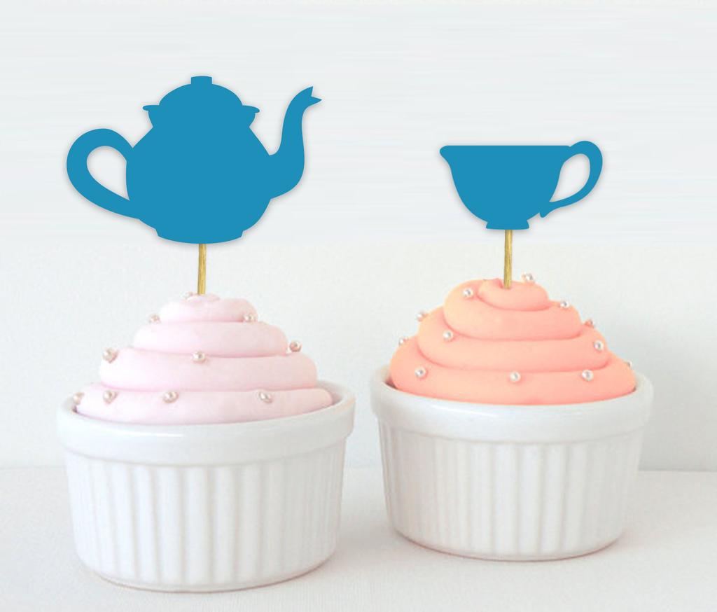 Darling Souvenir| Bridal Shower Tea Party Cupcake Topper| Birthday Dessert Decorations Tea Kettle Cup Cupcake Toppers - Pack Of