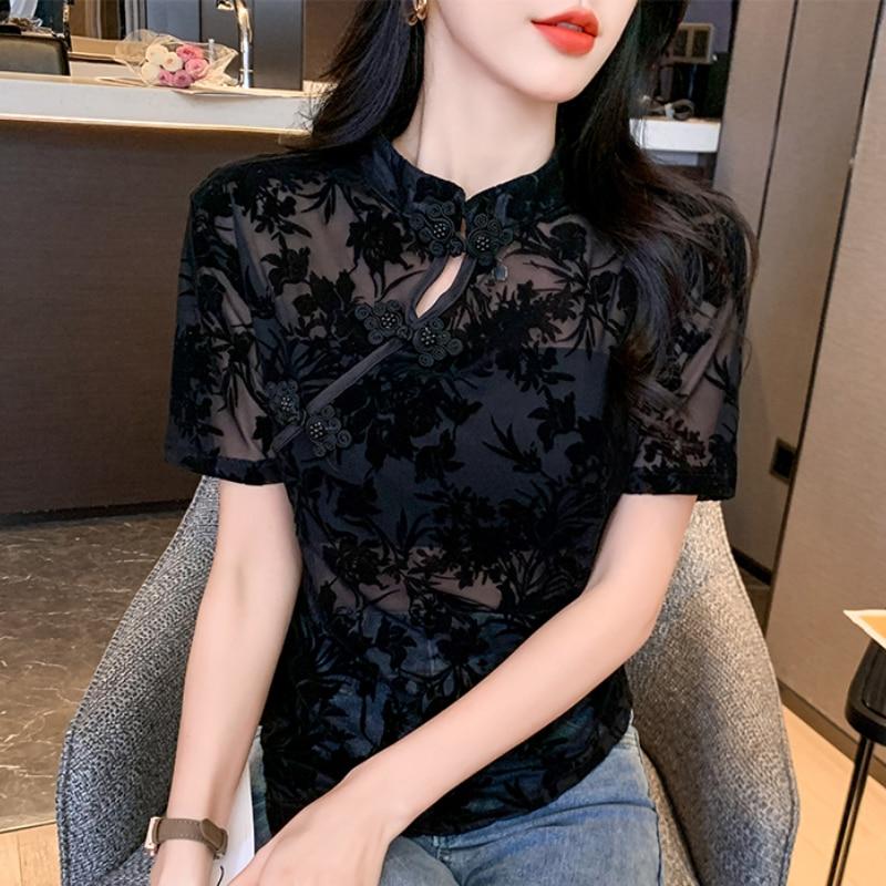 Summer Short Sleeve Mesh Lace Shirts And Blouses 2023 Fashion Stand Vintage Black Sexy Tops Lady See Through Shirts Blusas 26608